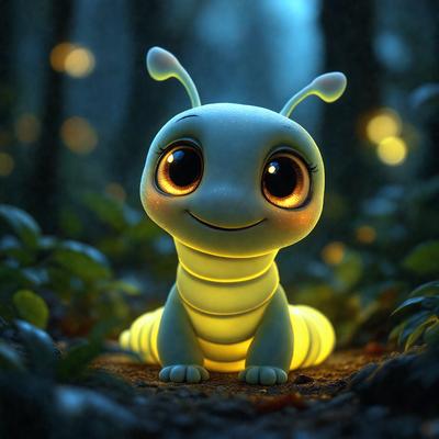 The primary subject of the image is a small, cute, and colorful cartoon character, which appears to be a lizard or a similar creature. The character is sitting in a forest setting, surrounded by trees and leaves. The visual style of the image is a combination of photo and digital art, creating a unique and appealing appearance. The colors and mood of the image are bright and cheerful, with the character's light-up eyes adding a playful touch to the scene.